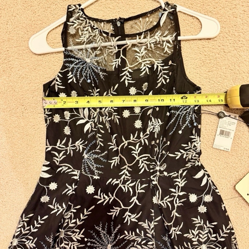 Adrianna Papell Women Black Blue Embroidered Lace Fit Flare Midi Dress Size 0 - Picture 9 of 16